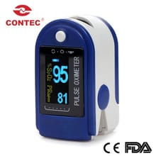 Contec CMS50D fingertip pulse oximeter showing OLED display