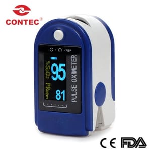 Contec CMS50D fingertip pulse oximeter showing OLED display